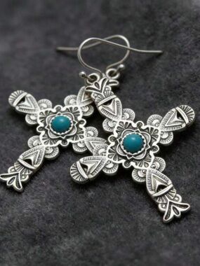 Faux Turquoise Accent Silver Cross Drop Earrings western style